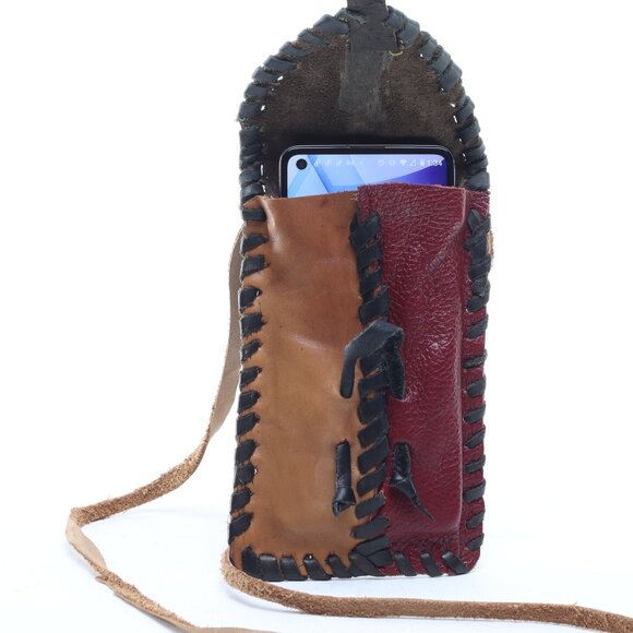 Hand Made Leather Phone Case Cash Card Mini Bag 7x4x1/2 Brown/Tan - Picture 7 of 12